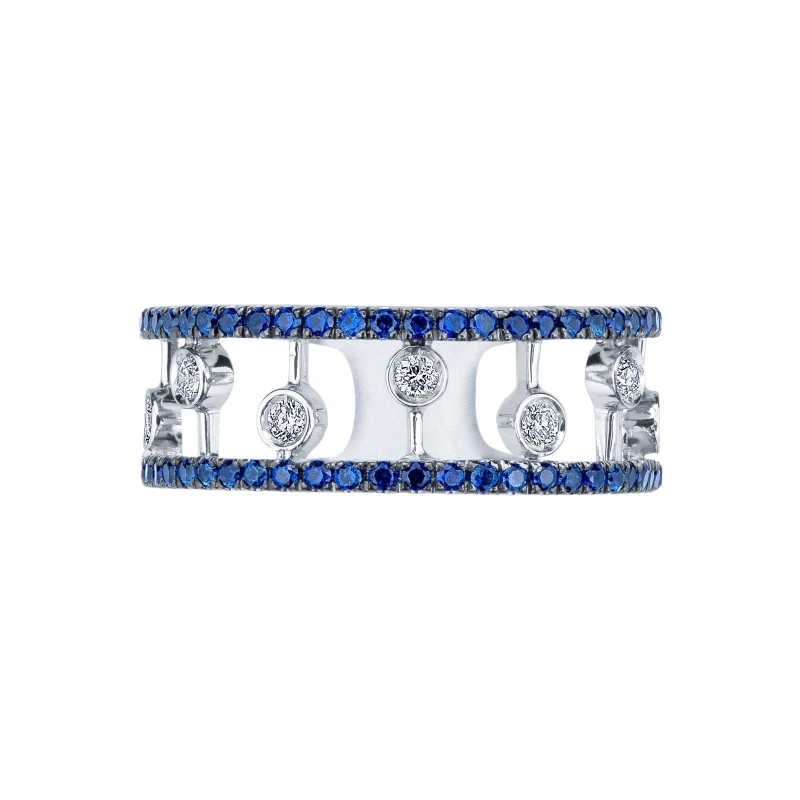 Bague bandeau en or blanc 18k avec diamants et saphirs