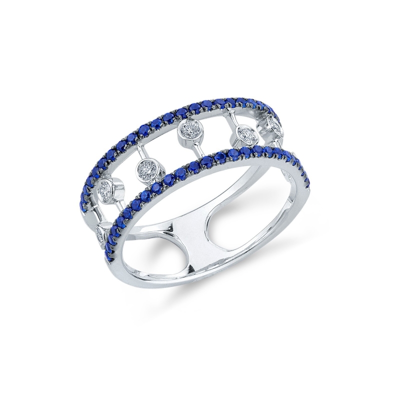 Bague bandeau en or blanc 18k avec diamants et saphirs