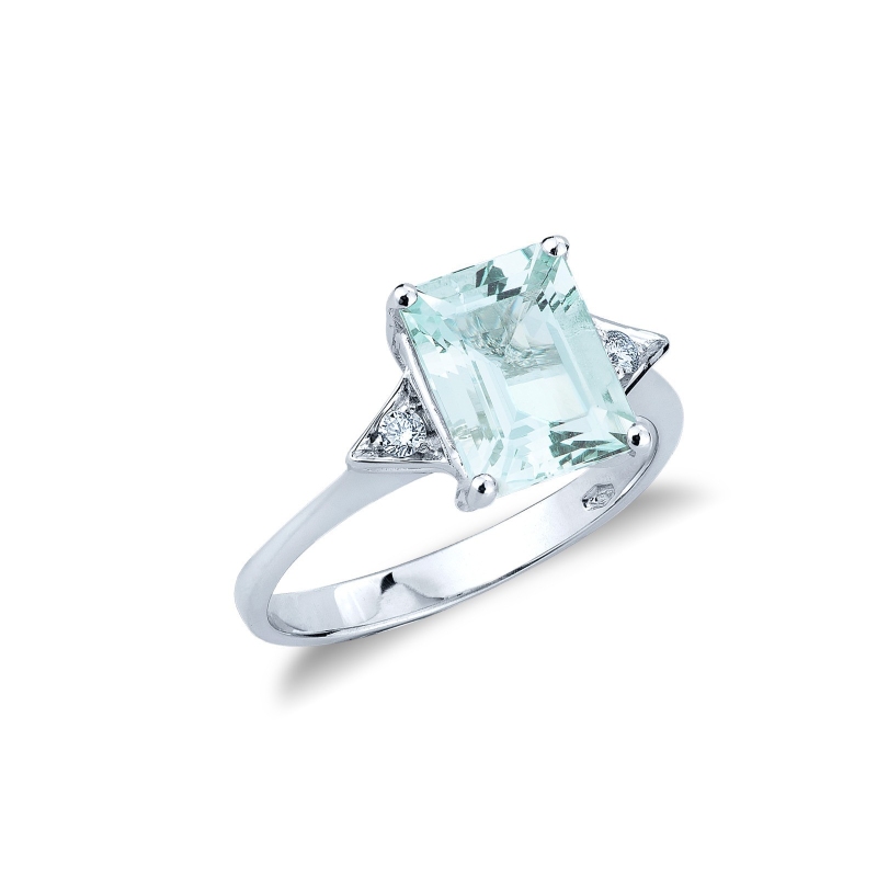 Bague alliance en or blanc 18k avec aigue-marine et diamants latéraux