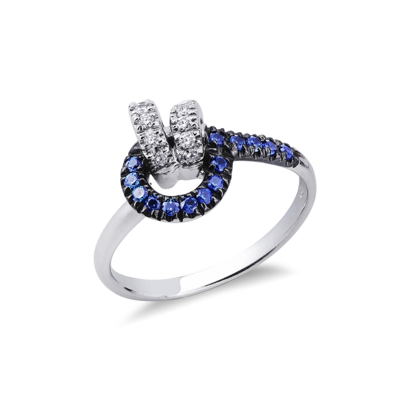 Bague Nœud en Or Blanc 18k avec Diamants et Saphirs Bleus