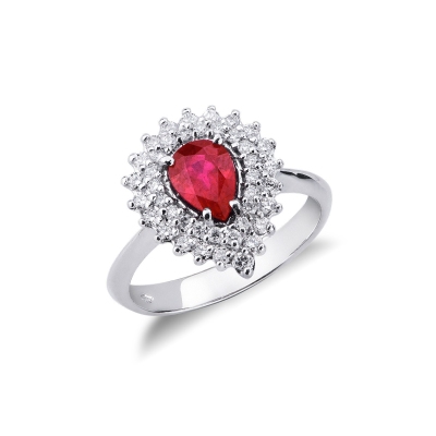 Bague en or blanc 18k avec rubis goutte et double rangée de diamants