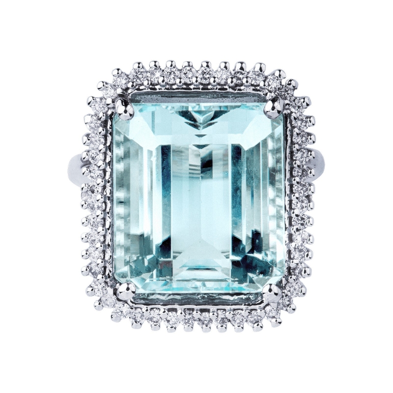 Bague en or blanc 18k avec aiguemarine octogonale et diamants