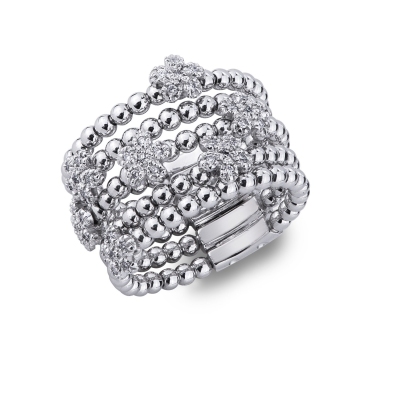 Bague en or blanc 18k avec fleurs pavées de diamants