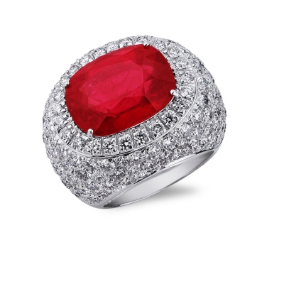 Bague rubis or blanc 18K et pavé de diamants