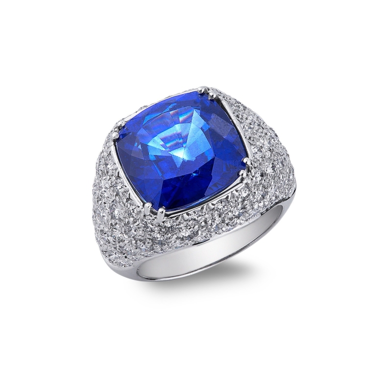Bague saphir bleu et diamants en or blanc 18k