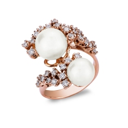 Bague toi et moi en or rose 18k avec perles et diamants