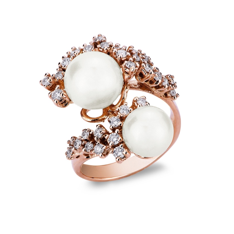 Bague toi et moi en or rose 18k avec perles et diamants