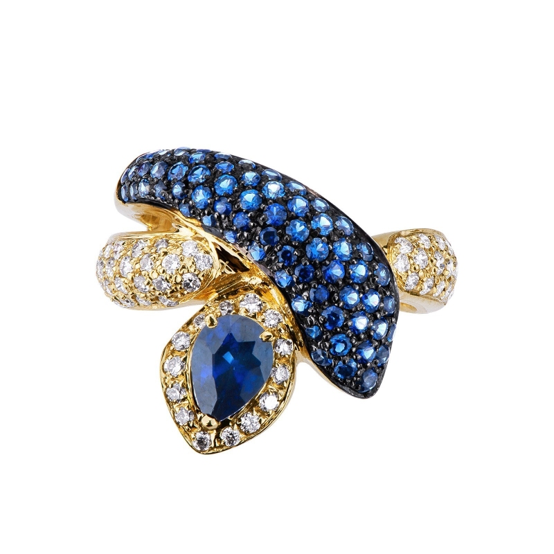 Bague serpent en or jeune 18K sertie de diamants et saphir