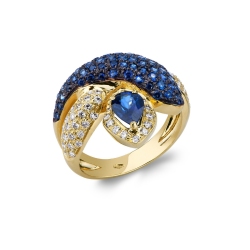 Bague serpent en or jeune 18K sertie de diamants et saphir