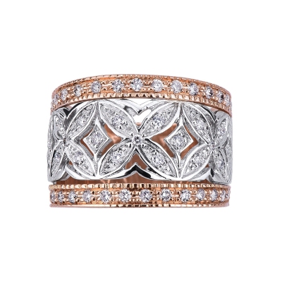 Bague en or blanc et rose 18k avec diamants formant des ellipses
