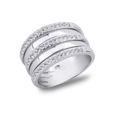 Bague bande en or blanc 18k avec trois rangées de diamants 