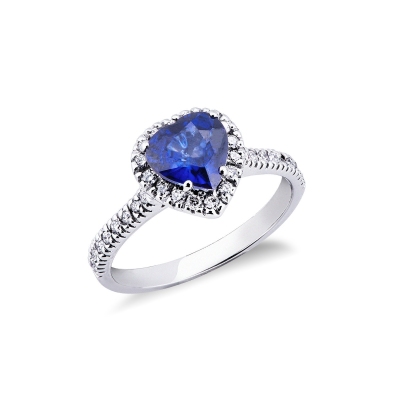 Bague saphir bleu forme de coeur pavée diamants or blanc 18k 
