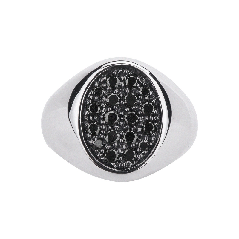 Chevaliere or blanc 18k oval diamants noirs 
