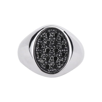 Chevaliere or blanc 18k oval diamants noirs 