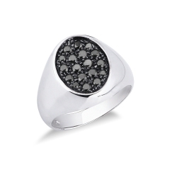 Chevaliere or blanc 18k oval diamants noirs 