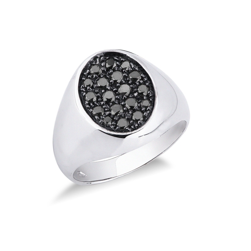 Chevaliere or blanc 18k oval diamants noirs 