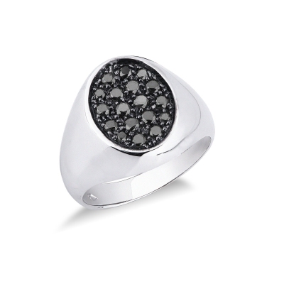Chevaliere or blanc 18k oval diamants noirs 