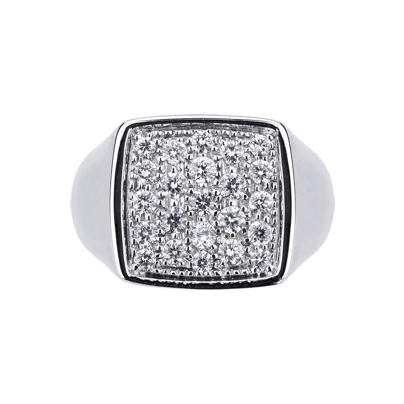 Chevalière carrée avec pavé de diamants et or blanc 18k