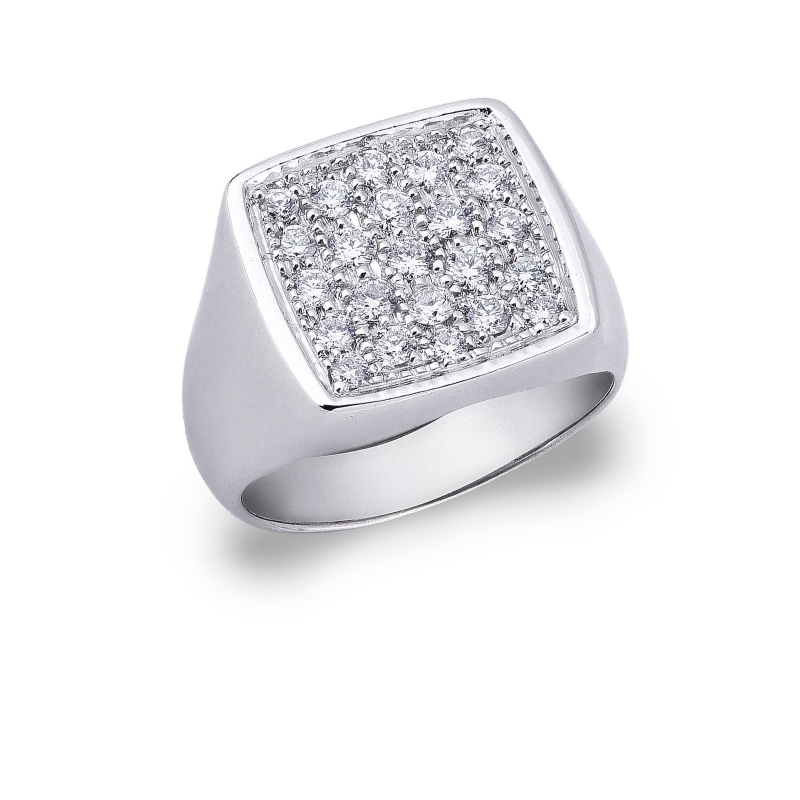 Chevalière carrée avec pavé de diamants et or blanc 18k