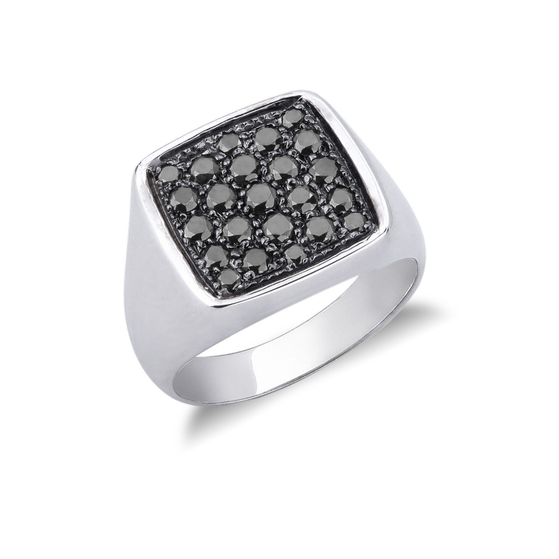 Chevaliere or blanc 18k carrée diamants noirs 