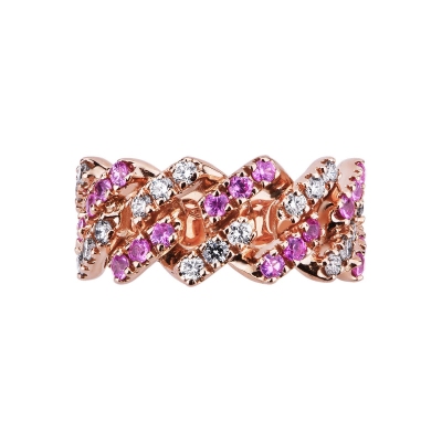 Bague Cuban Link en or rose 18k avec saphirs roses et diamants