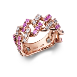 Bague Cuban Link en or rose 18k avec saphirs roses et diamants
