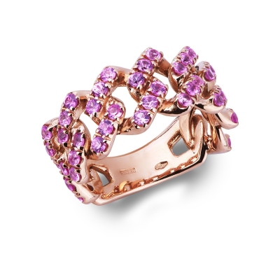 Bague gourmette en or rose 18k sertie de saphirs roses