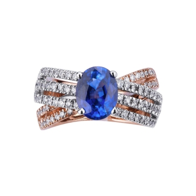 Bague jonc en or blanc et rose avec saphir bleu et diamants