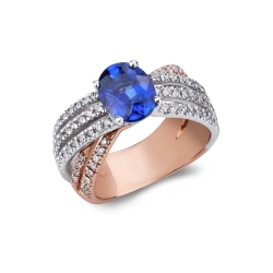 Bague jonc en or blanc et rose avec saphir bleu et diamants