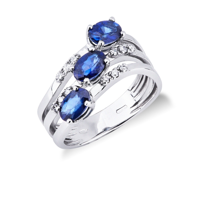 Bague Vagues en Or Blanc 18 Carats avec Saphirs Bleus et Diamants