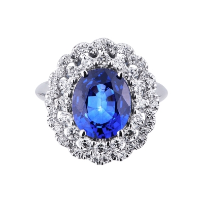 Bague halo double en or blanc 18k avec saphir bleu et diamants