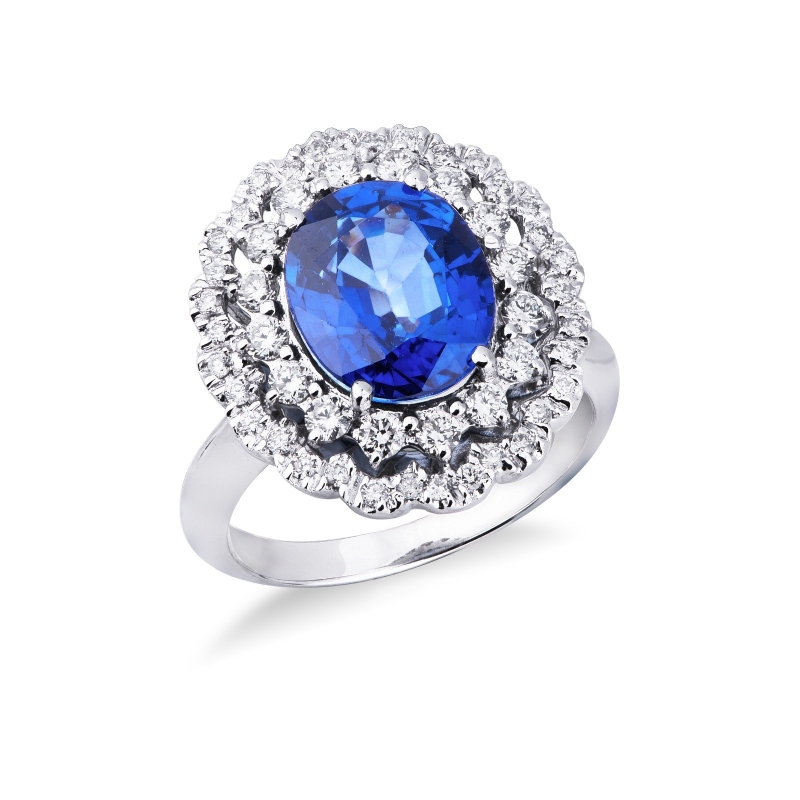 Bague halo double en or blanc 18k avec saphir bleu et diamants