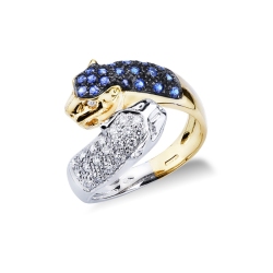 Bague en or blanc et jaune 18k panthère en saphirs bleus et diamants