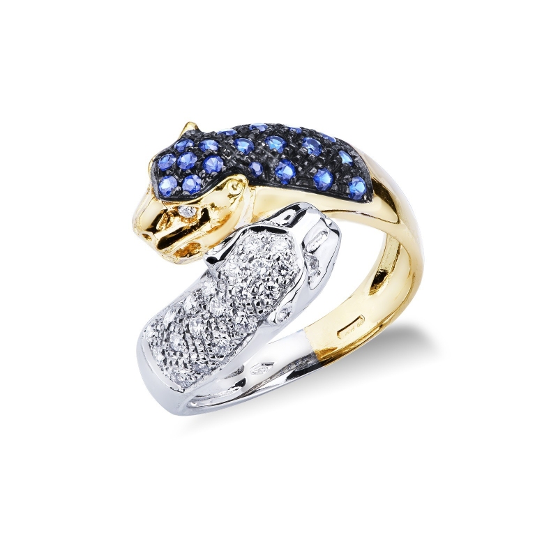 Bague en or blanc et jaune 18k panthère en saphirs bleus et diamants