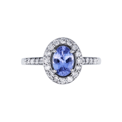 Bague halo en or blanc 18 carats avec une tanzanite 