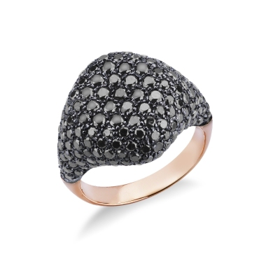 Bague chevalière en or rose 18k pavé de diamants noirs