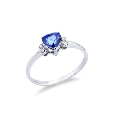 Bague or blanc 18k avec un saphir bleu et diamants