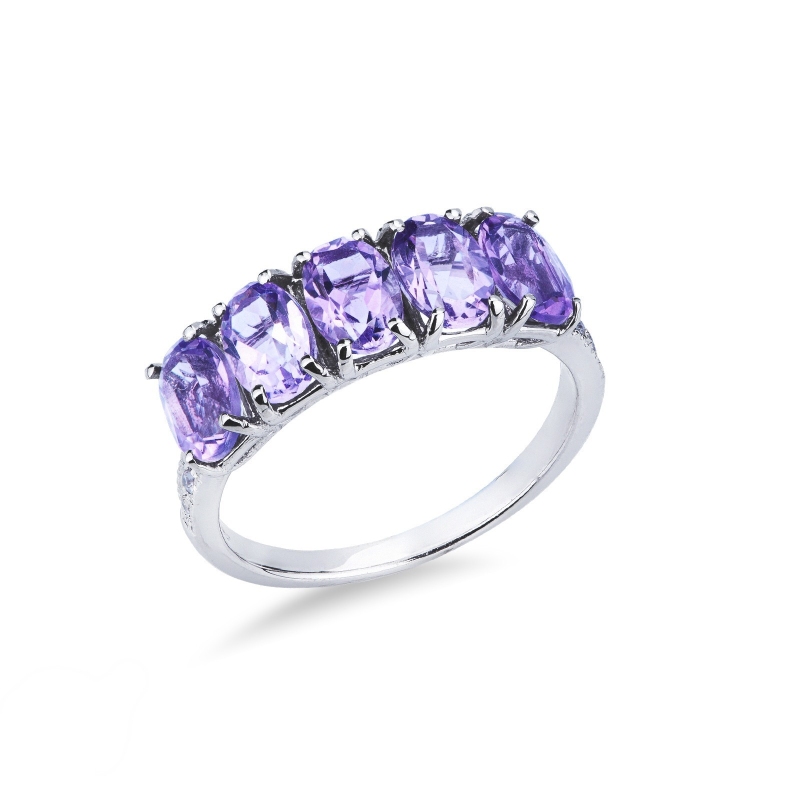 Bague en or blanc 18 carats avec 5 améthystes ovales et diamants 