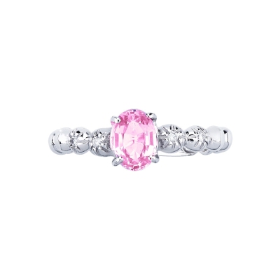 Bague en or blanc 18 carats avec un saphir rose et 2 diamants 