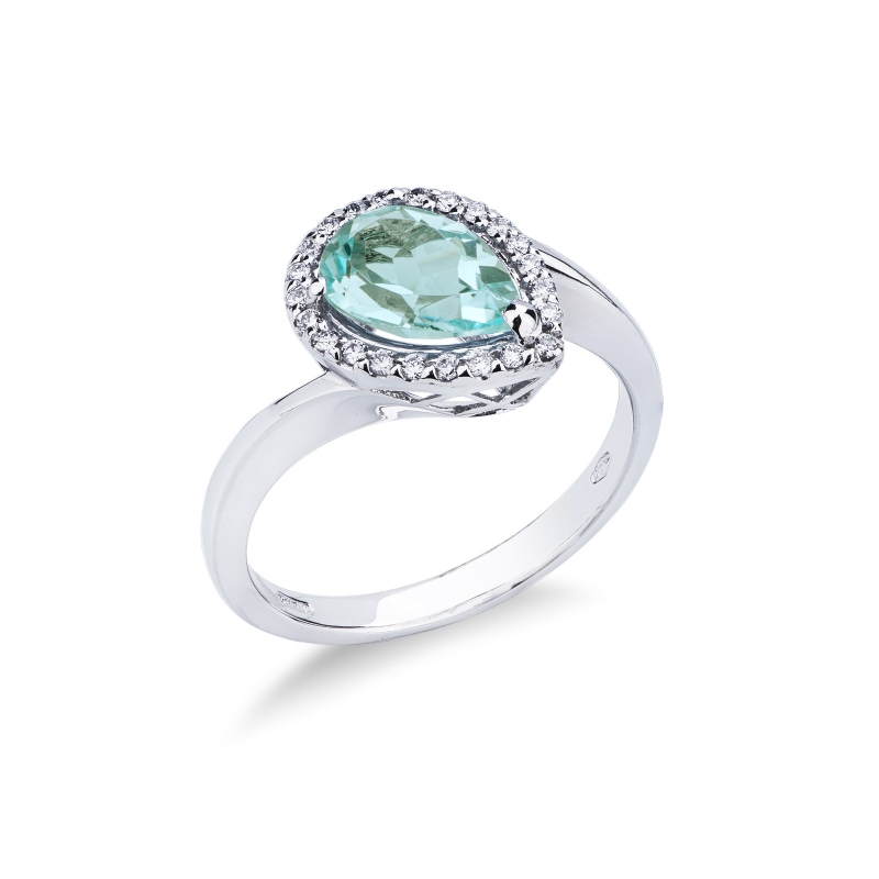 Bague halo en or blanc 18 carats aigue-marine et diamants