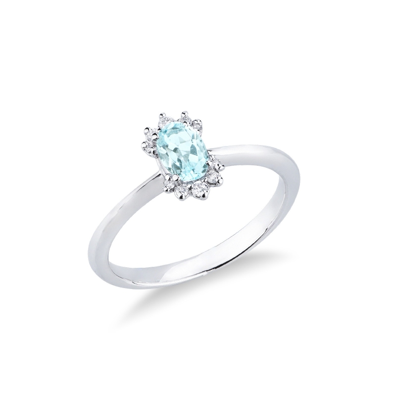 Bague diamants en or blanc 18K avec aigue-marine ovale