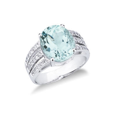 Bague bandeau en or blanc 18 carats avec aquamarine ovale et diamants