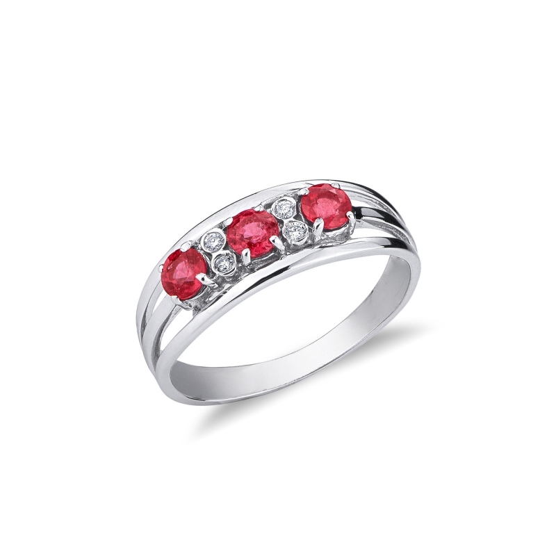 Bague trilogie en Or Blanc 18k avec rubis et diamants
