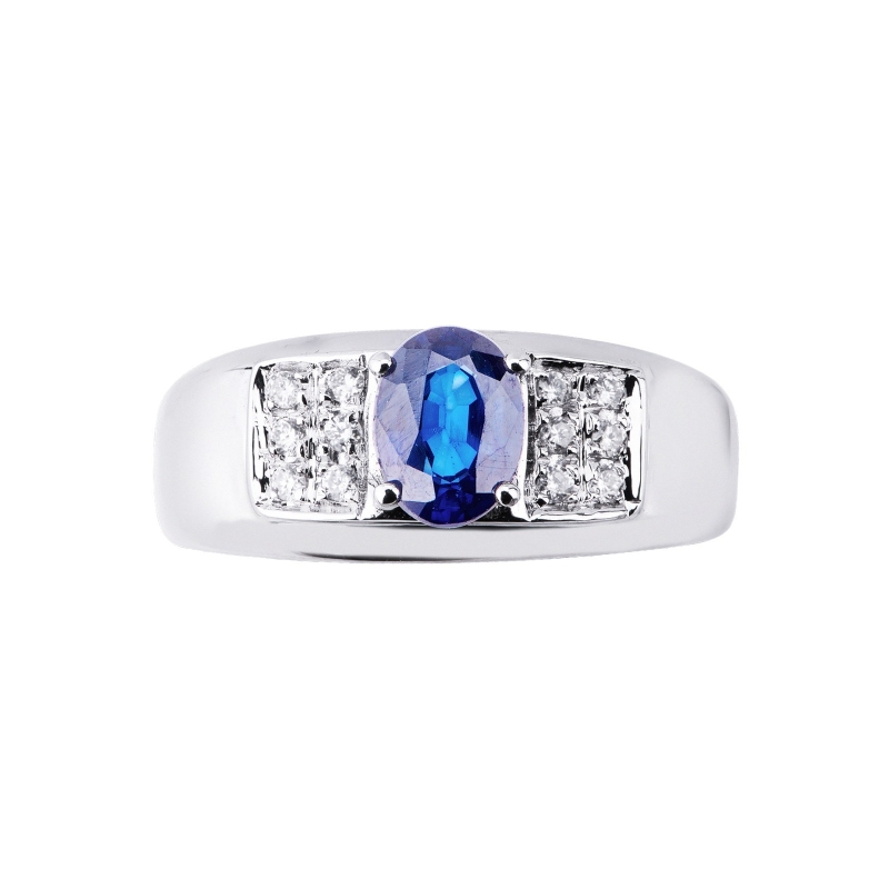 Bague en or blanc 750 avec saphir bleu ovale et diamants