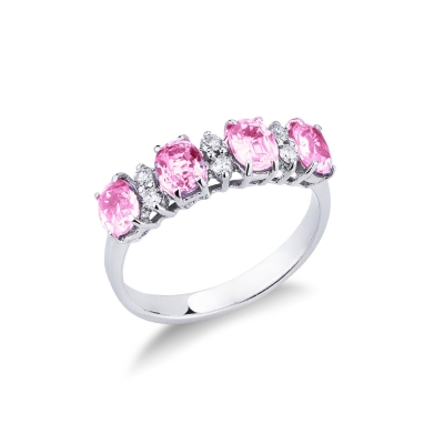 Bague femme en Or Blanc 18k avec 4 saphirs rose et diamants
