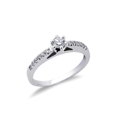 Bague solitaire Or Blanc 18k avec diamant central et diamants latéraux