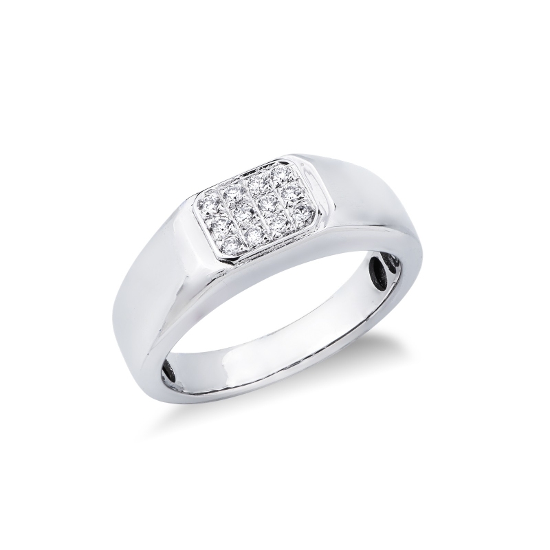 Bague pour homme en or blanc 18 ct avec pavé de diamants rectangulaire
