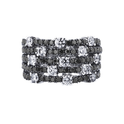 Bague en Or Blanc 18k avec cinq rangs de diamants noirs et blancs
