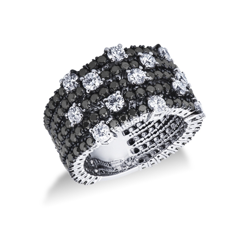 Bague en Or Blanc 18k avec cinq rangs de diamants noirs et blancs