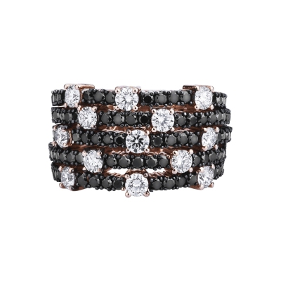 Bague large en Or Rose 18k avec diamants noirs et brillants